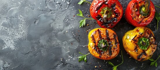 Wall Mural - Grilled bell pepper on a grey backdrop with copy space image