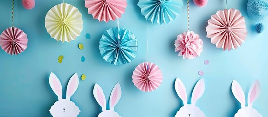 Poster - Creative photo featuring Easter themed bunny paper decorations against a backdrop designed for adding text or images with copy space image