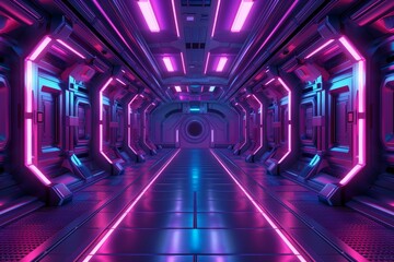 Wall Mural - Image of scifi gaming cyberpunk stage in futuristic neon glow room, Stock Image