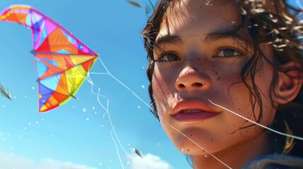 The close up picture of the person is playing the kite under the bright light from the sun of the clear blue sky that can be conveying the feeling of the happiness, freedom, playful and joyful. AIG43.