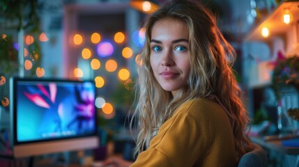 Wall Mural - Woman looking at the camera in a cozy room with lights