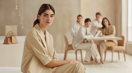 Wall Mural - A woman is sitting in a room with a group of people