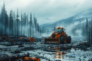 a logger hauling logs out of a clear-cut forest using heavy machinery, leaving behind a scarred and 