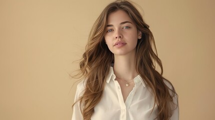 A woman with long brown hair and a white shirt is posing for a photo