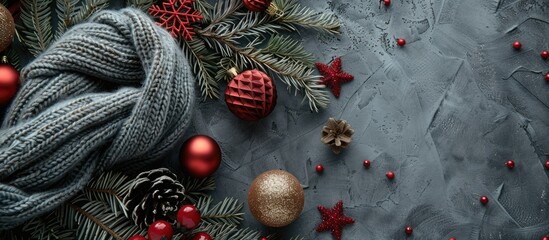 Poster - Flat lay Christmas composition featuring a grey scarf and festive decorations on a background with ample copy space for adding text