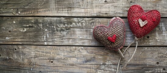 Wall Mural - an aged wooden backdrop holds a pair of embellished hearts creating a valentine s day theme with roo