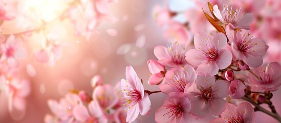 Wall Mural - Close up of blooming cherry blossoms with copy space image