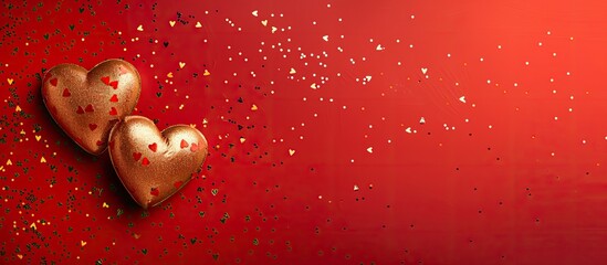 Sticker - Valentine s Day themed banner with two golden hearts and confetti on a red backdrop featuring copy space for text