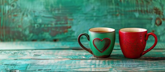 Wall Mural - Valentine s Day ornament of two cups set against an emerald wooden background perfect for a greeting card with copy space image