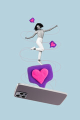 Poster - Vertical photo collage of happy american girl social media popular blogger heart like notification text box isolated on painted background