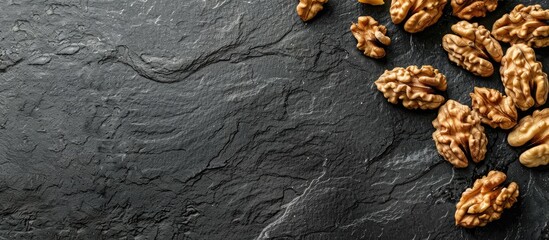 Canvas Print - A close up view of natural walnuts on a black slate surface for a healthy food concept with space for text or other elements in the image. Copy space image. Place for adding text and design