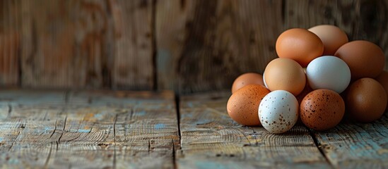 Sticker - Eggs arranged in a still life composition on a wooden surface with a blank area for adding text or other elements creating a copy space image