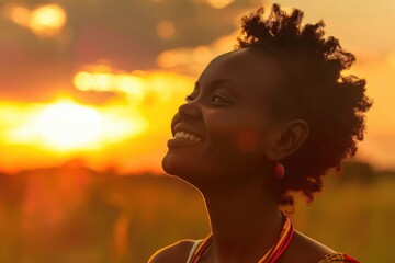 beautiful smiling african woman in the savannah at sunset