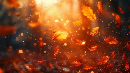 Falling Autumn Leaves in Golden Light - Generative AI