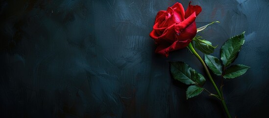 Sticker - A budding red rose on a dark background with space for adding text creating an artistic image associated with festive occasions. Copy space image. Place for adding text and design