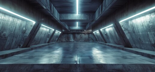 Wall Mural - Abstract Abstract Background Concrete Grunge Column Pillars Dark Underground Hall Corridor Tunnel Led Lights Lasers White Blue Reflections Alien 3D Render