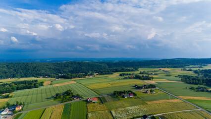 Rural landscape. Country houses in countryside, aerial view. Village wooden house in rural near forest. Farmhouse in countryside.