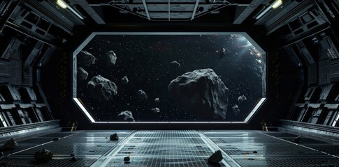 3d rendering of a sci-fi corridor with a view of a galaxy in space