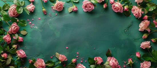 Wall Mural - Valentine s Day floral arrangement with a pink rose frame on a green backdrop perfect for flat lay photography with a top down view and space for text or image insertion. Copy space image