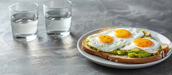 Canvas Print - Healthy light breakfast concept of whole grain toasts with mashed avocado and fried eggs served with a glass of water and a copy space image