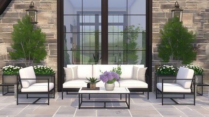 Modern patio set with white cushions and black frames on stone patio in front of large window. Includes sofa, 2 armchairs, coffee table, vase of purple flowers, and small plant