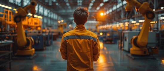 Wall Mural - Industrial Worker Facing Robots