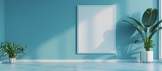 Canvas Print - Blue pastel wall featuring an empty frame for a copy space image creating a minimalistic look