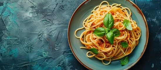 Poster - Image showcasing a plate of savory pasta with copy space image