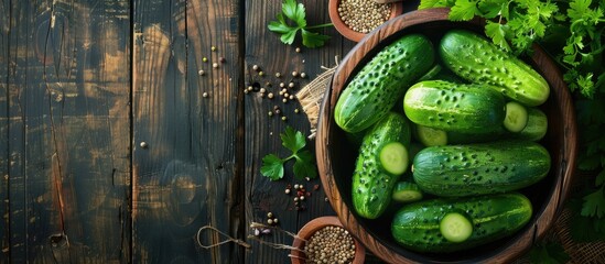 Wall Mural - Wooden background showcases bowl with fresh cucumbers and canning ingredients with copy space image