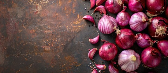 Wall Mural - Market fresh red onions with garlic shown in a copy space image