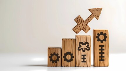 Wooden Blocks with Gear Symbols and Upward Arrow.