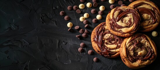 Canvas Print - Cookies with vanilla and chocolate swirls and brown white chips on a black backdrop ideal for a copy space image