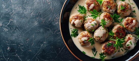 Wall Mural - Traditional Swedish chicken meatballs with cream sauce captured in a top view close up copy space image