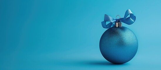 Sticker - Blue Christmas ball ornament with ribbon bow displayed against a blue background perfect for a copy space image