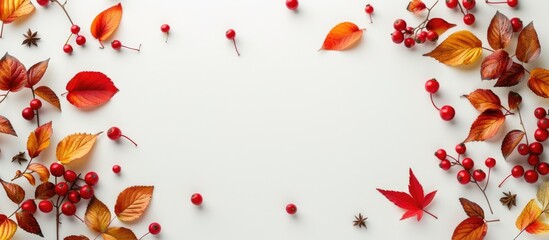 Wall Mural - colorful autumn leaves and red berries arranged on a white background to create a flat lay frame wit
