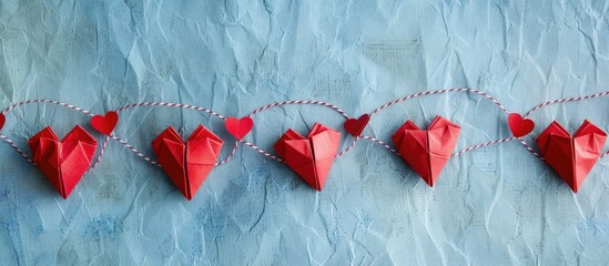 Wall Mural - valentine s day theme with red origami hearts on a string against a paper backdrop ideal for text in