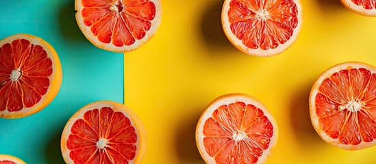 Wall Mural - Top view of fresh grapefruit slices on a colorful background depicting a creative summer concept with a halved citrus fruit in a minimal flat lay offering copy space in the image