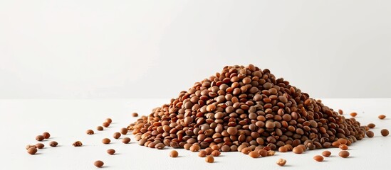 Canvas Print - Studio photo of a pile of uncooked lentils on a white background with space for text ideal for holiday recipes. Copy space image. Place for adding text and design