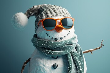 A cool snowman wearing sunglasses and a scarf, standing confidently against a crisp blue background, vibrant colors, high detail, fun and modern, digital illustration