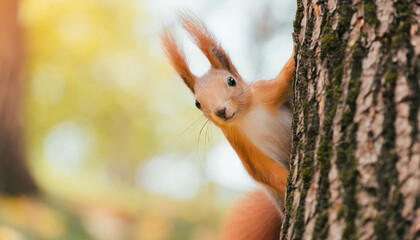 Curious red squirrel peeking behind the tree trunk