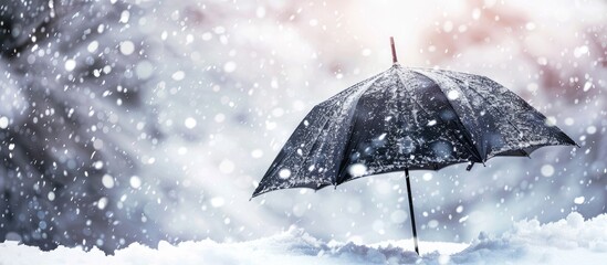 Canvas Print - A black umbrella against the snow with snowflakes falling and gathering on it perfect as a copy space image