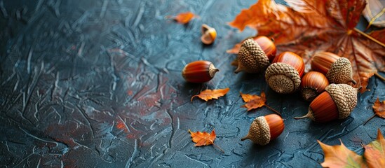 Wall Mural - Autumn background with acorns on a dark setting featuring copy space image