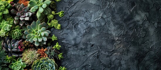 Poster - Top view of succulents arranged on a black stone table with ample copy space for customization in the image