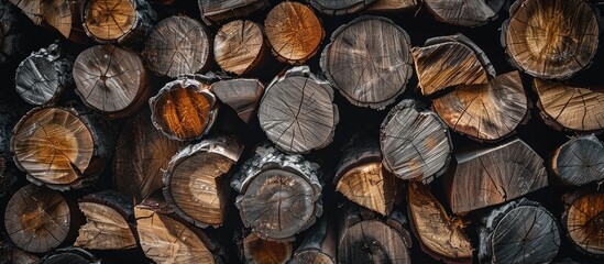 Poster - Closeup view of a stack of cut firewood logs and branches conveying a rustic fuel concept with copyspace image