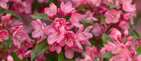 Canvas Print - In spring the weigela bush blossoms vibrant pink flowers creating a picturesque display with a vibrant backdrop for a copy space image