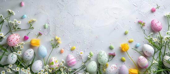 Sticker - Easter celebration background with a joyful feel featuring a top view and selective focus ideal for adding text or elements. Copy space image. Place for adding text and design