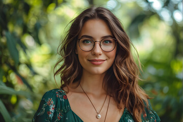 Portrait of a beautiful 25 years old caucasian woman looking at camera being nerdy, hipster, wearing a dress, smile, in green nature
