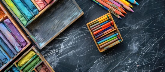 Wall Mural - On a grey stone table there are vibrant pastels arranged in wooden trays with copy space image available for text alongside drawing materials