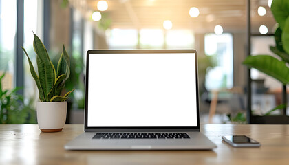 Laptop device mock up template design on office workplace desk, white mockup empty blank computer screen on office work table business web technology at modern workspace, closeup