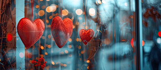 Wall Mural - valentine s day themed window display with three lovely red hearts perfect for a copy space image